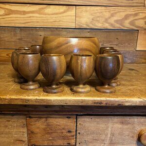 Vintage Wooden Punch Bowl w/12 Goblets